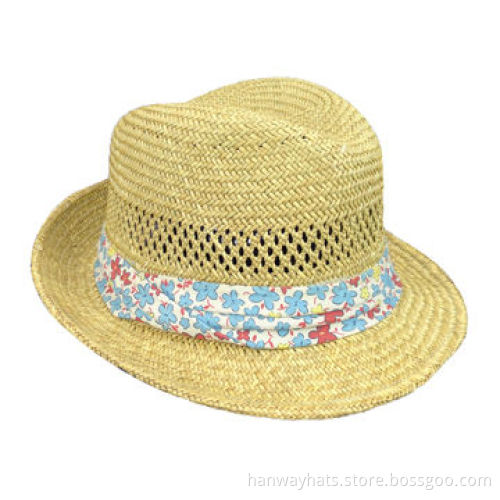 Cheap Straw Fedora Hat, Open Weave, Flora Print Band